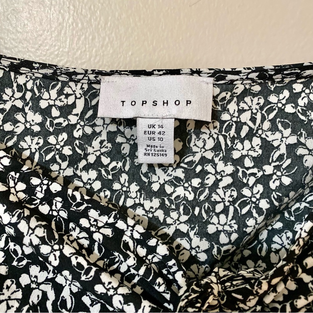 TopShop Blouse Black White Floral Balloon Sleeve Sweetheart Tie Neck 10 - Picture 5 of 6